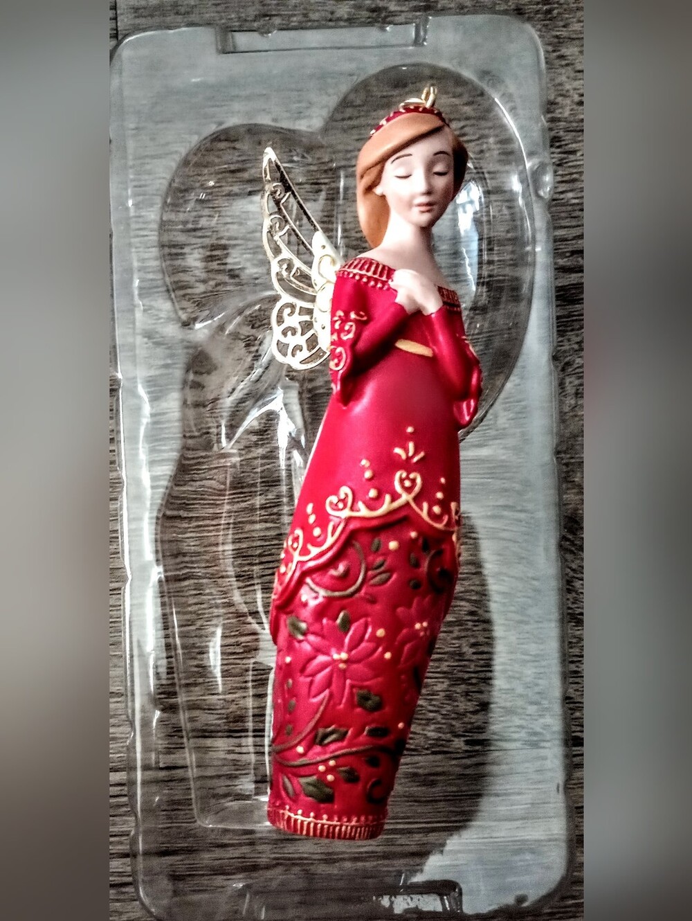 Hallmark Red and Gold Angel Ornament, Metallic Gold Wings, 11x3 cm. New in box